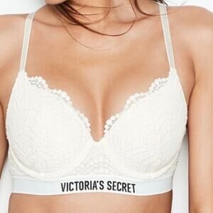 Victoria's Secret Lined No Wire Bra 38C Women White Lace Logo Intimates Feminine